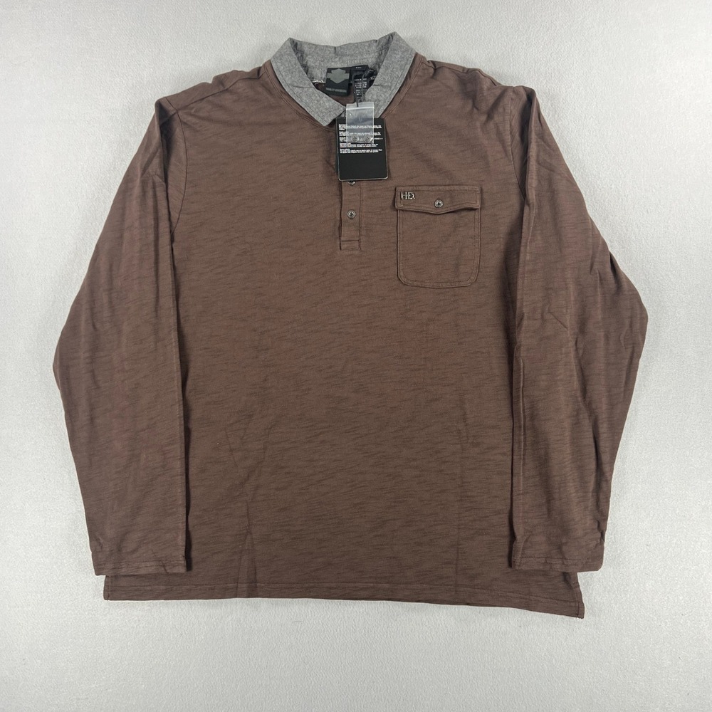 Harley Davidson Long Sleeve Pocket Polo Shirt NWT‎ Mens Size XXL Brown/Gray